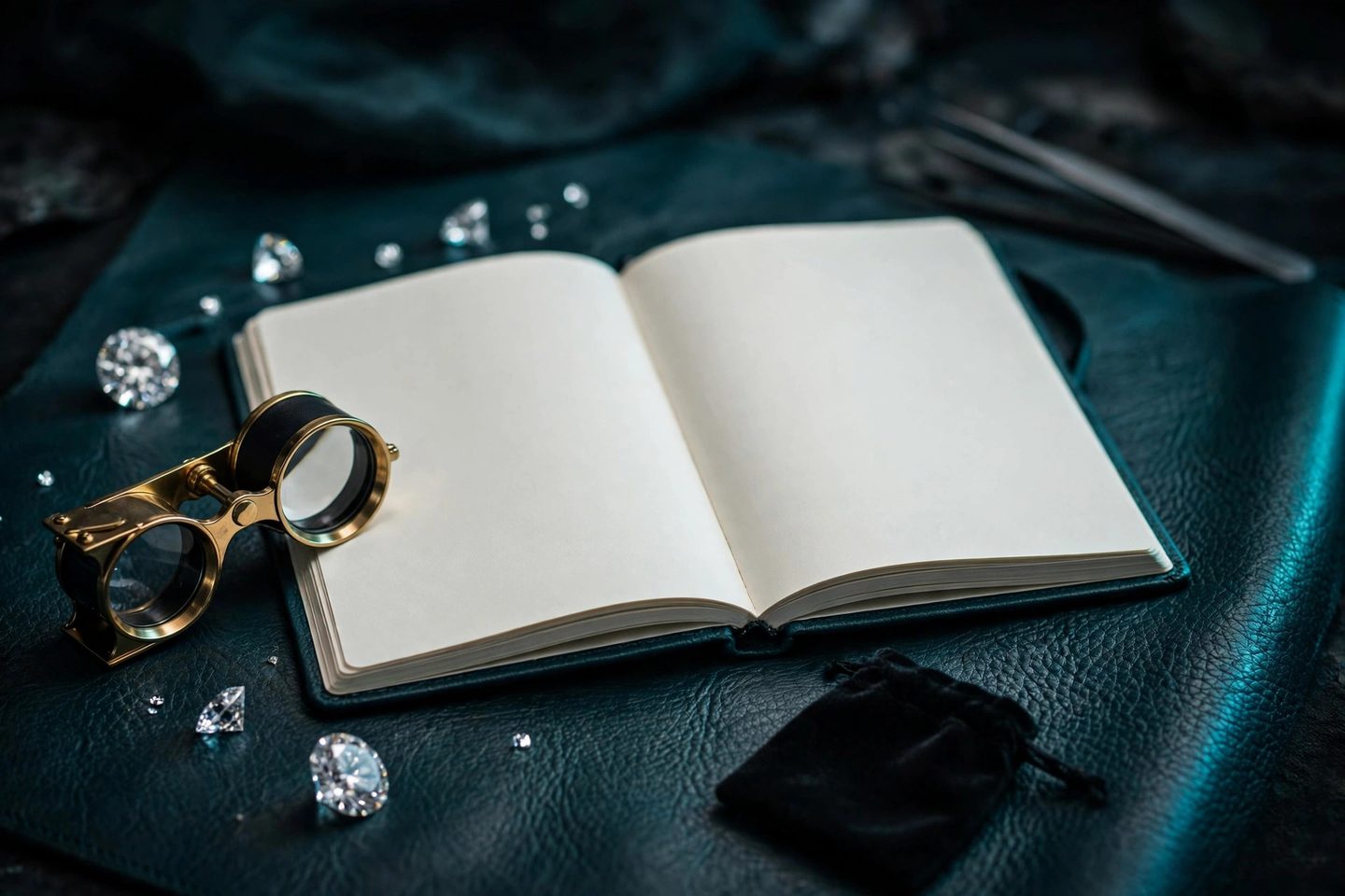 Loupe, loose diamonds and an open journal on a desk