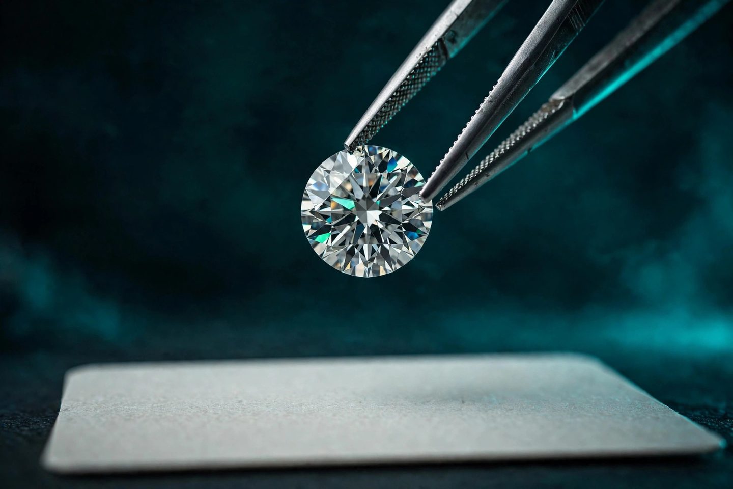 Diamond held in tweezers over a certificate card
