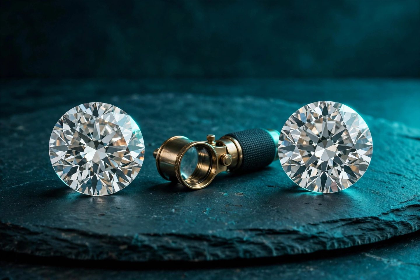 Two matched diamonds side by side with a jeweler's loupe