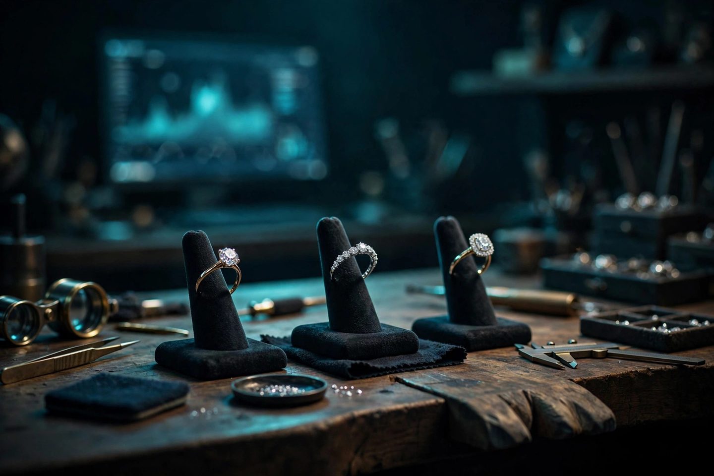 Jeweler's workbench with diamond rings and market data