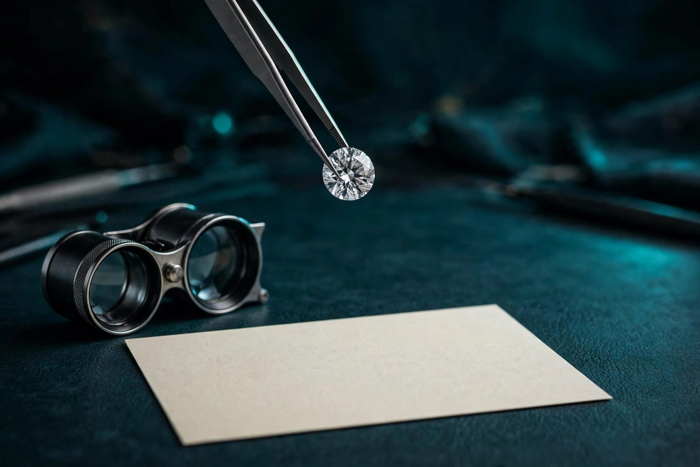 Diamond grading scene with tweezers, loupe and certificate