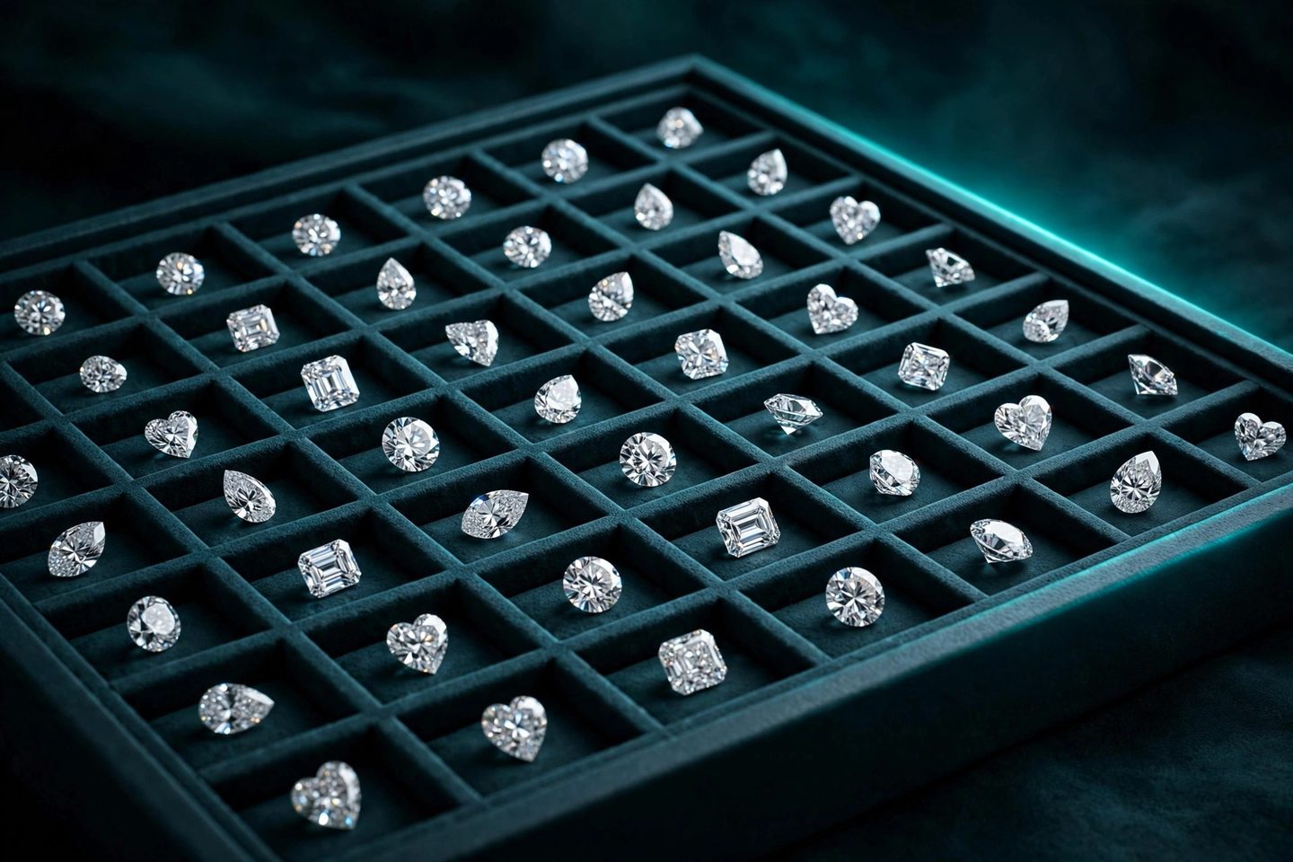 Loose diamonds arranged on a sorting tray