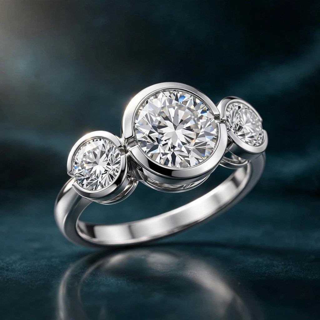 Brian Gavin Diamonds Shared Prong 3 Stone Half Bezel — Three-Stone style (Facet Wire render)