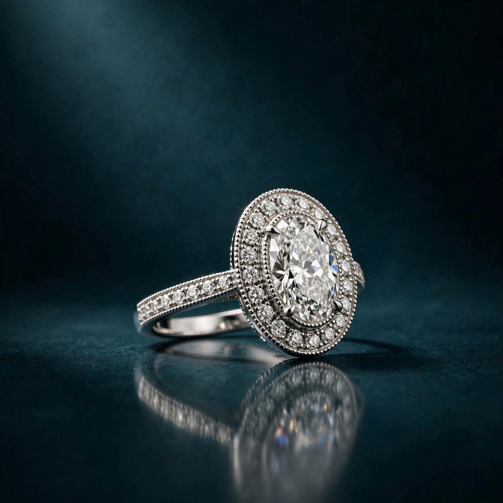 Oval diamond engagement ring with a diamond halo