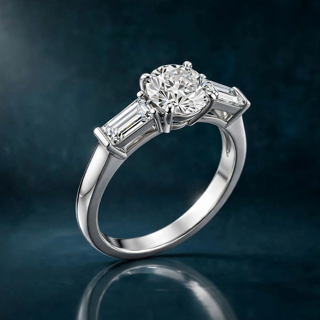 Ritani The Bea (Round, tapered baguette band) — Three-Stone style (Facet Wire render)