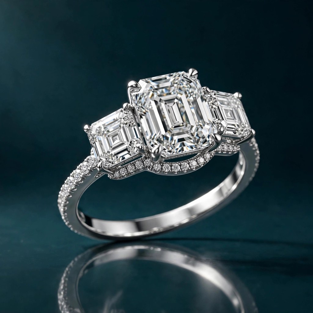 Ritani The Emelia (Emerald, east-to-west halo band) — Three-Stone style (Facet Wire render)