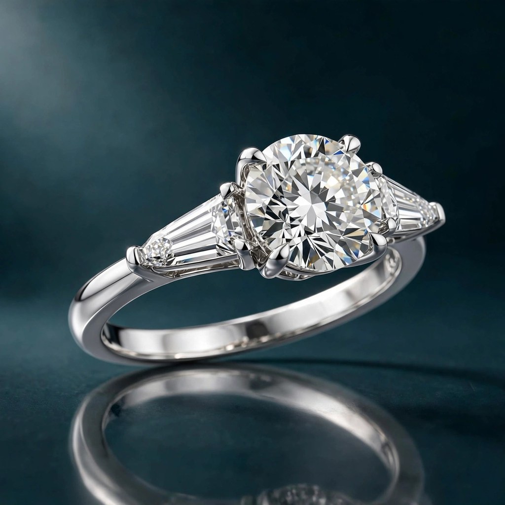Ritani The Emma (Round, tapered baguette) — Three-Stone style (Facet Wire render)